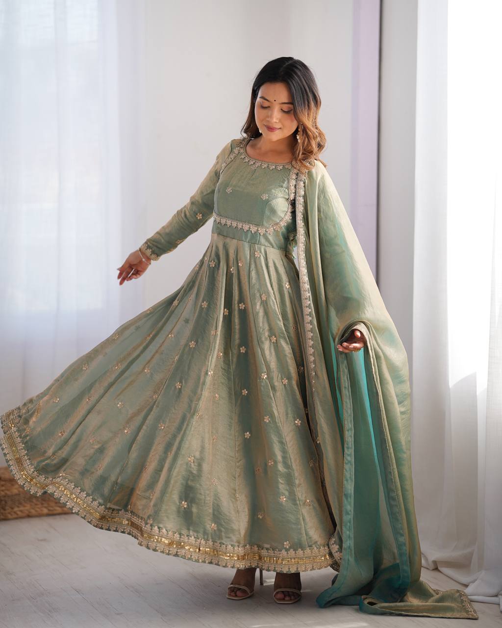 Women's Fandy Silk Embroidered Gown Set with Pant and Dupatta