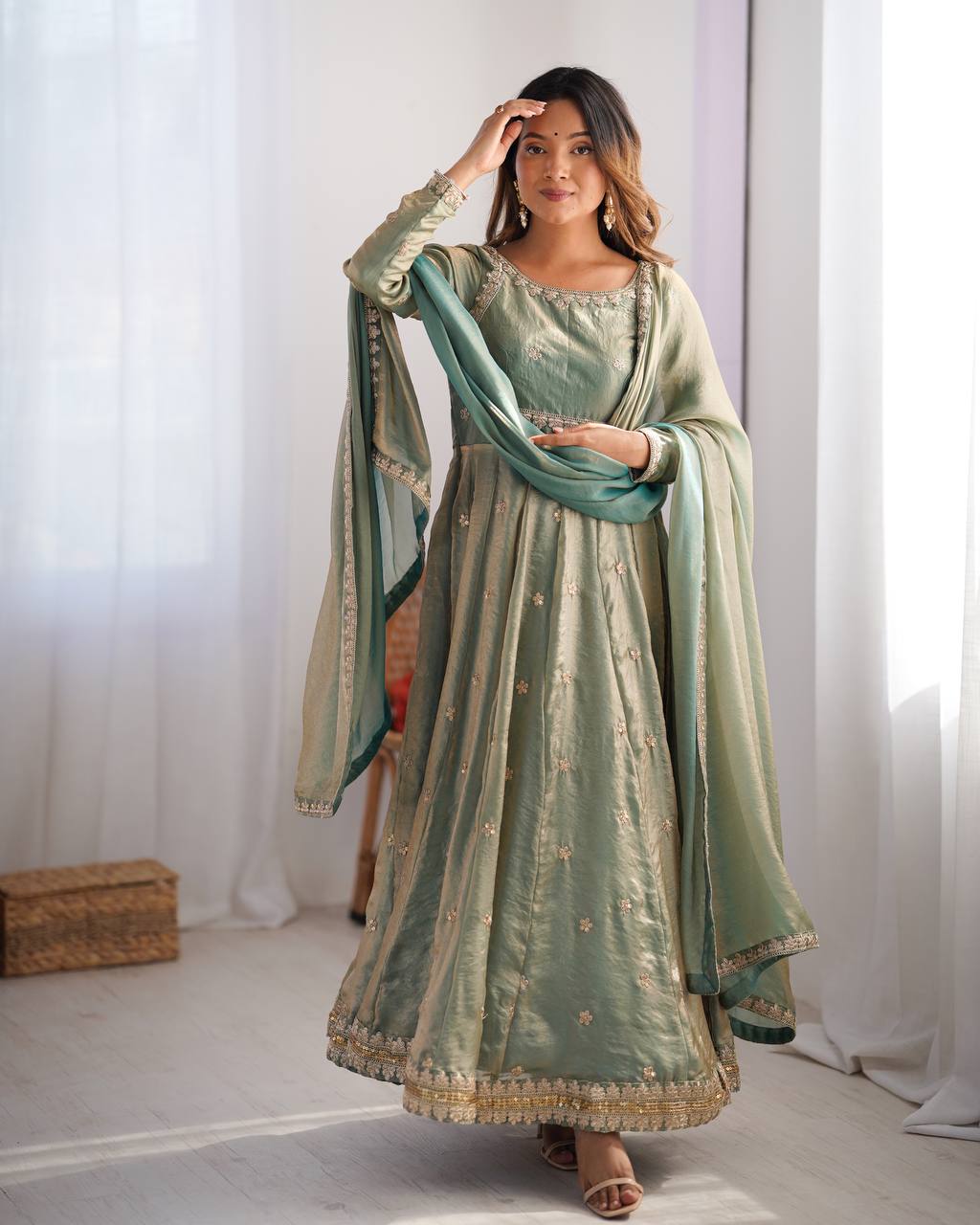 Women's Fandy Silk Embroidered Gown Set with Pant and Dupatta