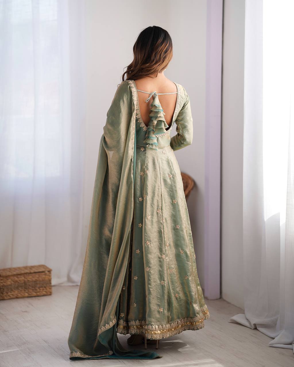 Women's Fandy Silk Embroidered Gown Set with Pant and Dupatta