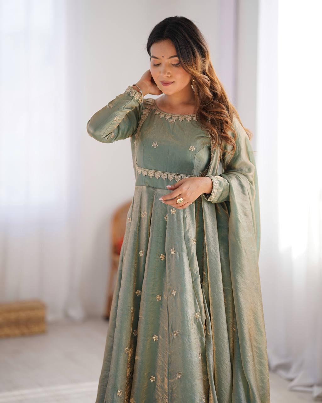 Women's Fandy Silk Embroidered Gown Set with Pant and Dupatta