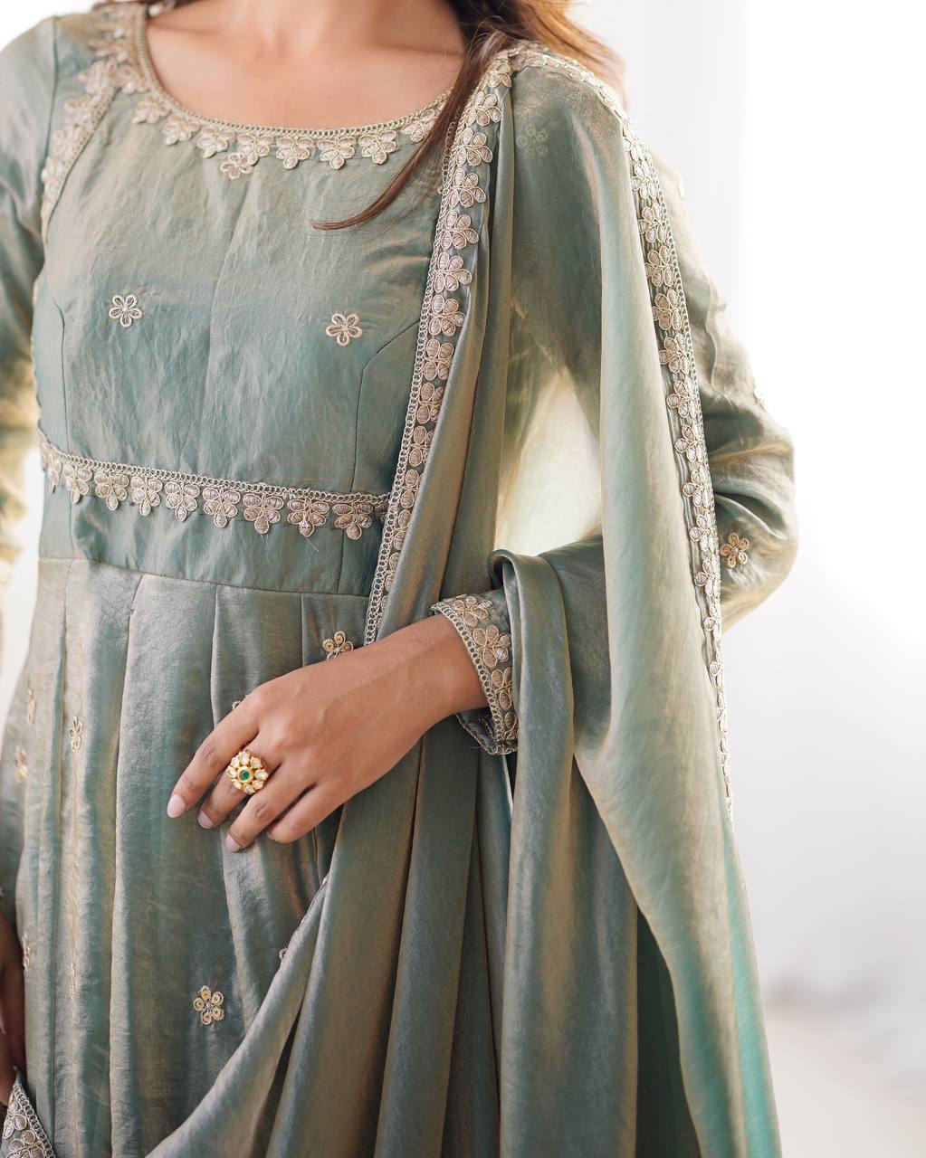 Women's Fandy Silk Embroidered Gown Set with Pant and Dupatta