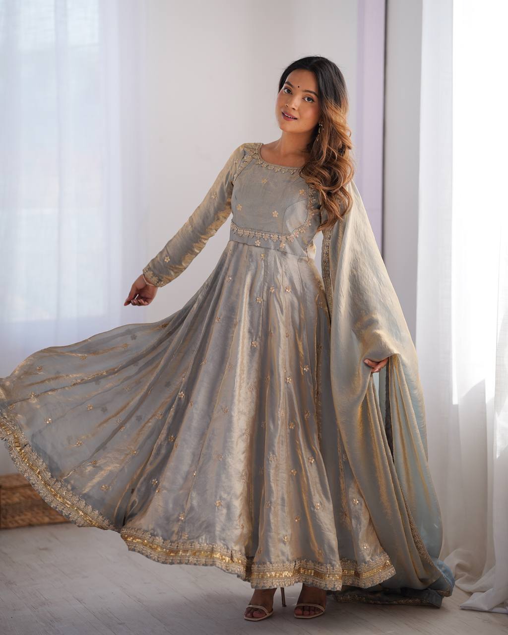 Women's Fandy Silk Embroidered Gown Set with Pant and Dupatta