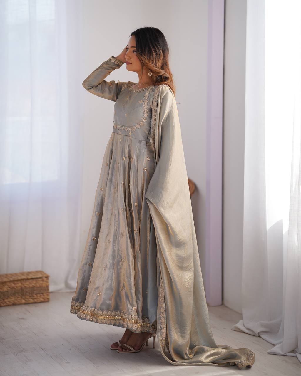 Women's Fandy Silk Embroidered Gown Set with Pant and Dupatta