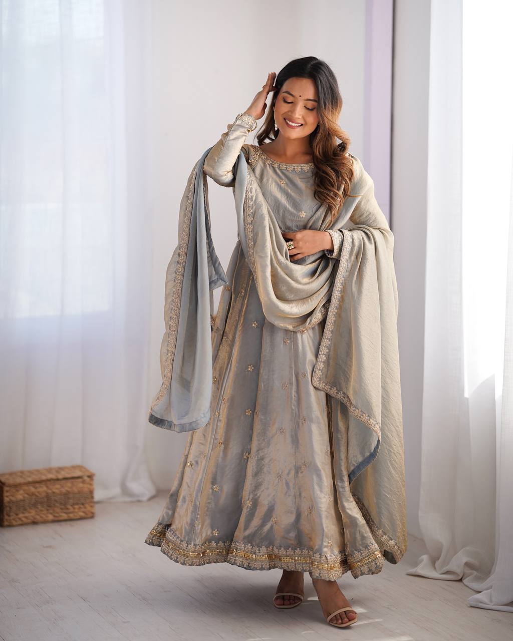 Women's Fandy Silk Embroidered Gown Set with Pant and Dupatta