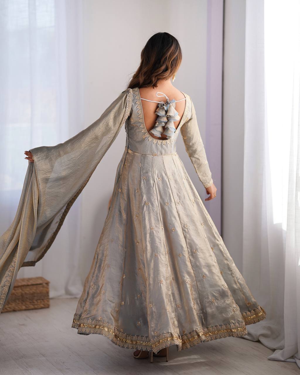 Women's Fandy Silk Embroidered Gown Set with Pant and Dupatta