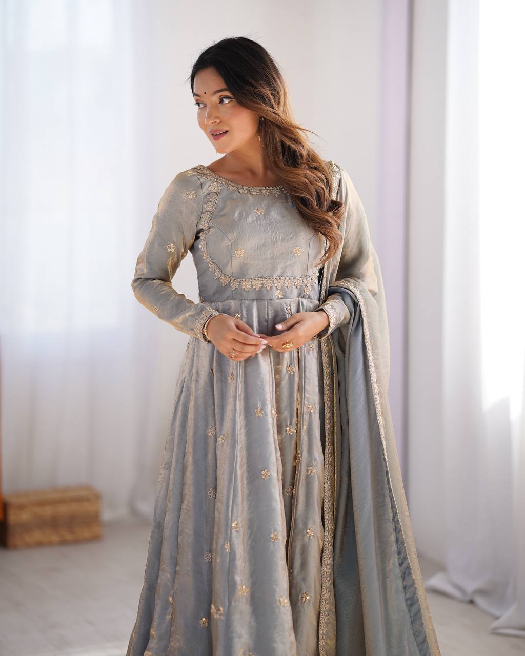 Women's Fandy Silk Embroidered Gown Set with Pant and Dupatta