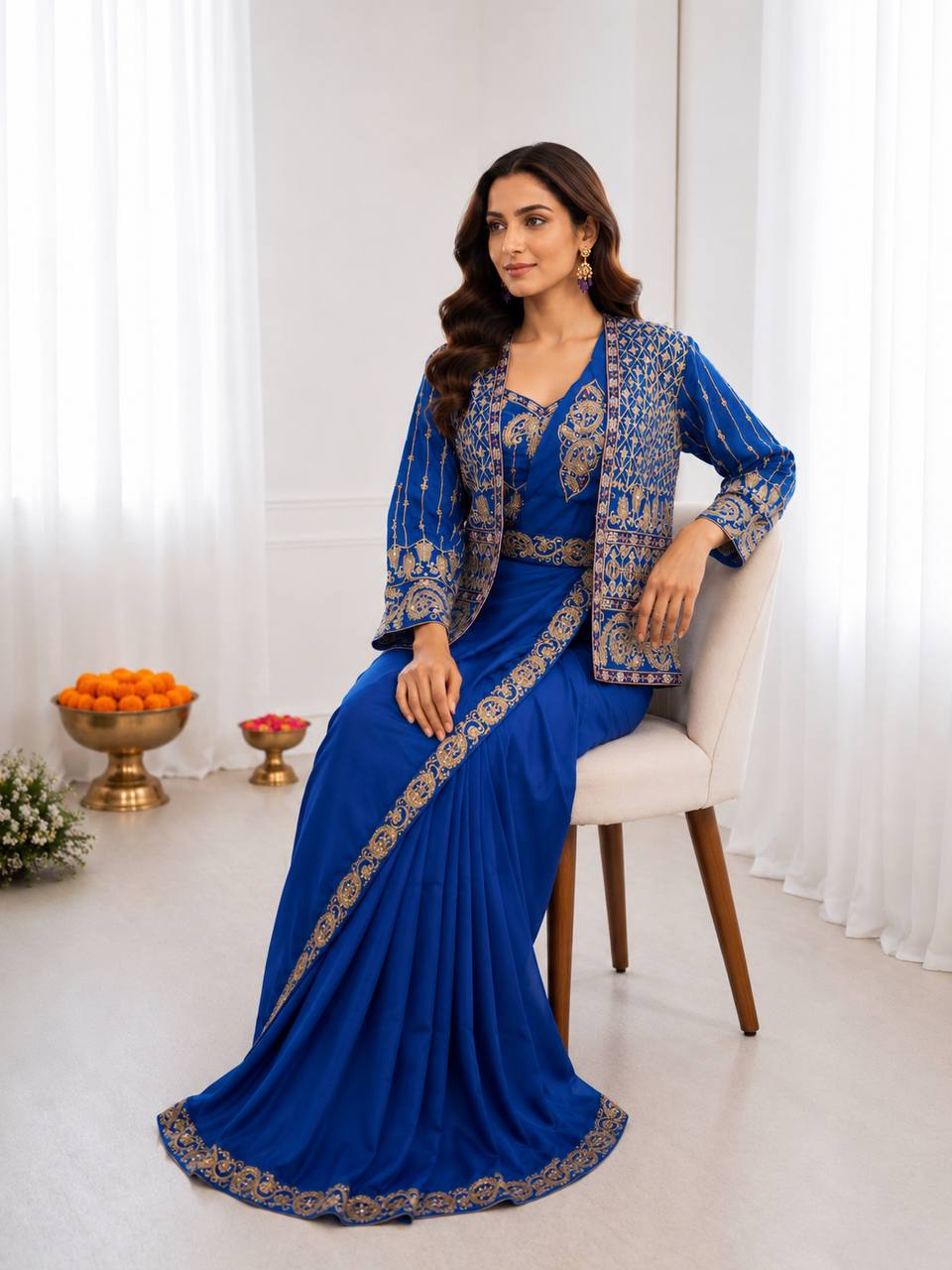 Women's Heavy Crepe Silk Ready-to-Wear Saree with Embroidered Koti, Blouse & Belt