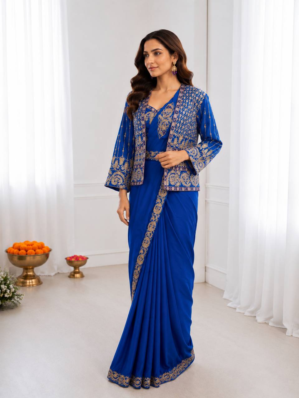 Women's Heavy Crepe Silk Ready-to-Wear Saree with Embroidered Koti, Blouse & Belt