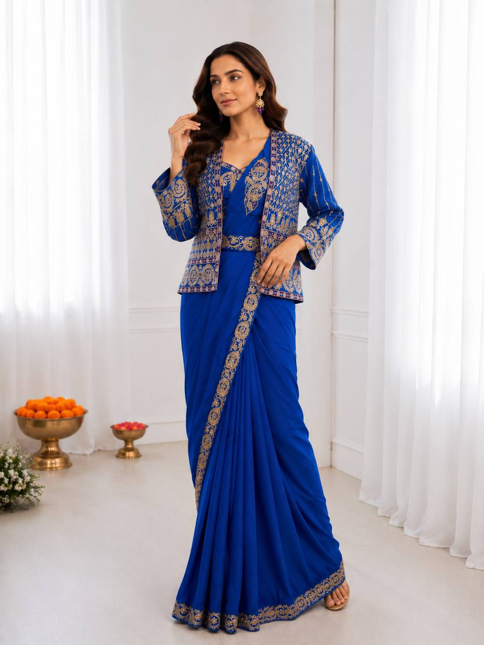 Women's Heavy Crepe Silk Ready-to-Wear Saree with Embroidered Koti, Blouse & Belt