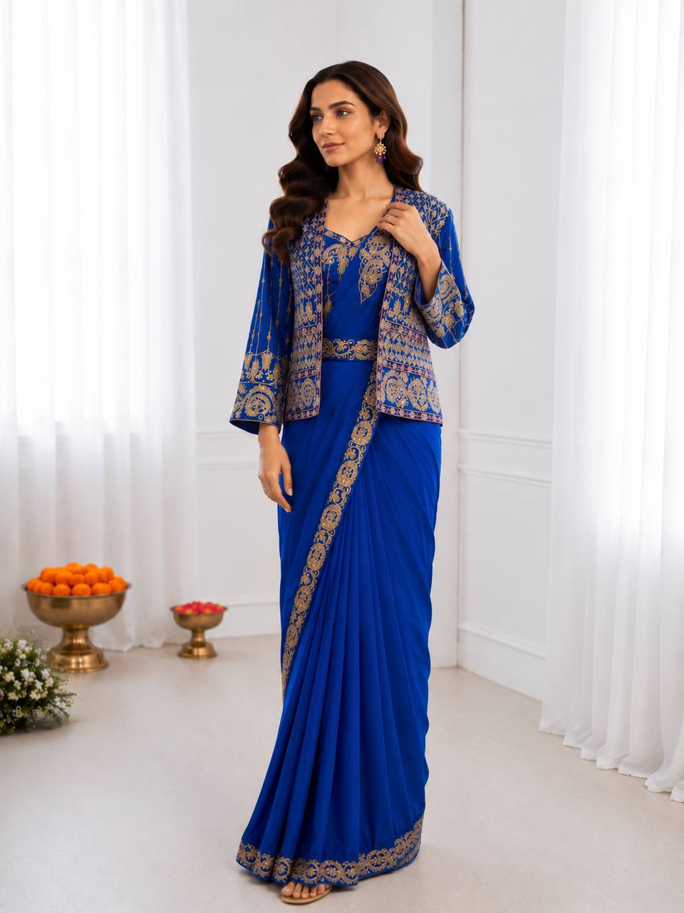 Women's Heavy Crepe Silk Ready-to-Wear Saree with Embroidered Koti, Blouse & Belt