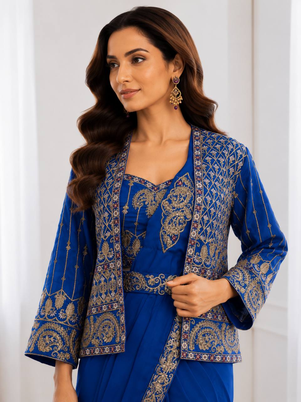 Women's Heavy Crepe Silk Ready-to-Wear Saree with Embroidered Koti, Blouse & Belt