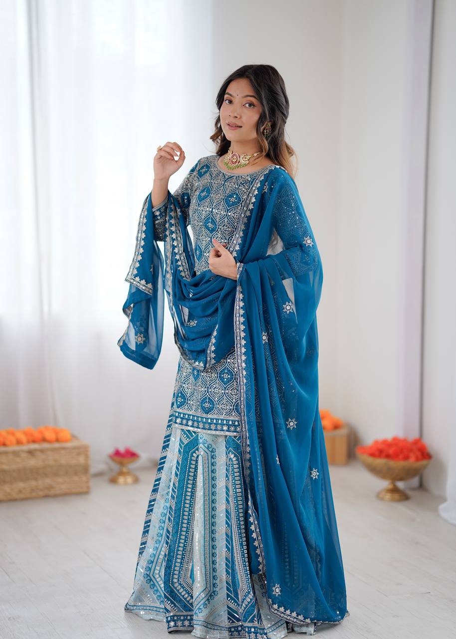 Women's Faux Georgette Embroidered Lehenga Set with Top and Dupatta