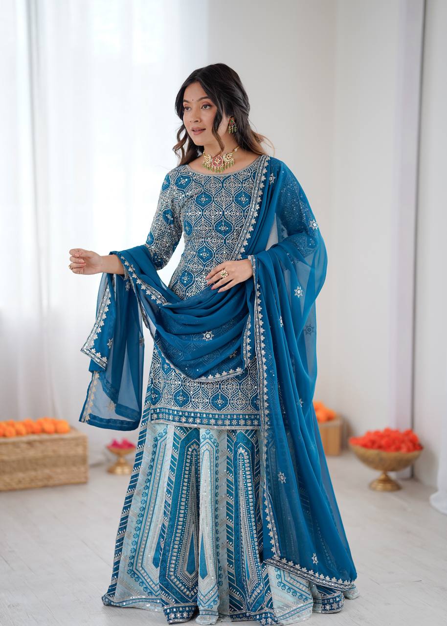 Women's Faux Georgette Embroidered Lehenga Set with Top and Dupatta