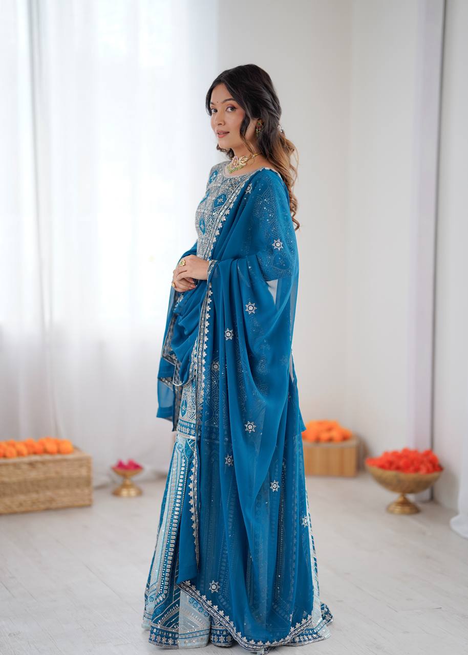 Women's Faux Georgette Embroidered Lehenga Set with Top and Dupatta