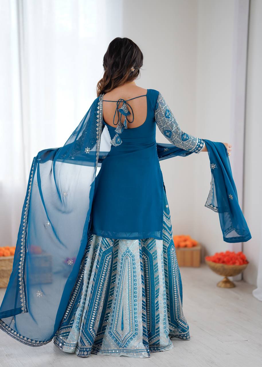 Women's Faux Georgette Embroidered Lehenga Set with Top and Dupatta