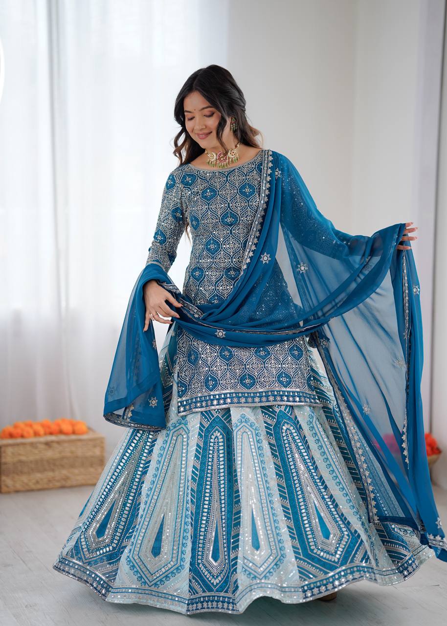 Women's Faux Georgette Embroidered Lehenga Set with Top and Dupatta