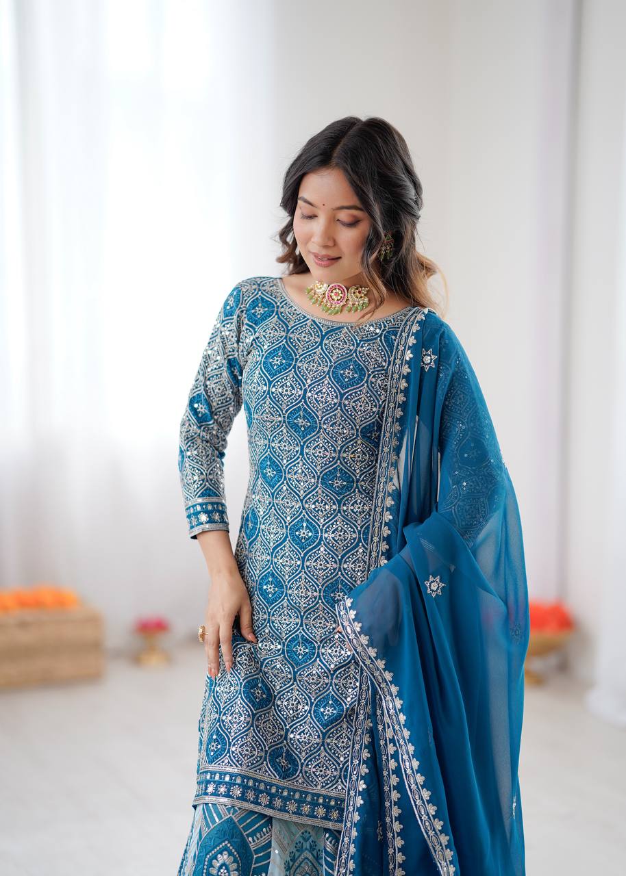 Women's Faux Georgette Embroidered Lehenga Set with Top and Dupatta
