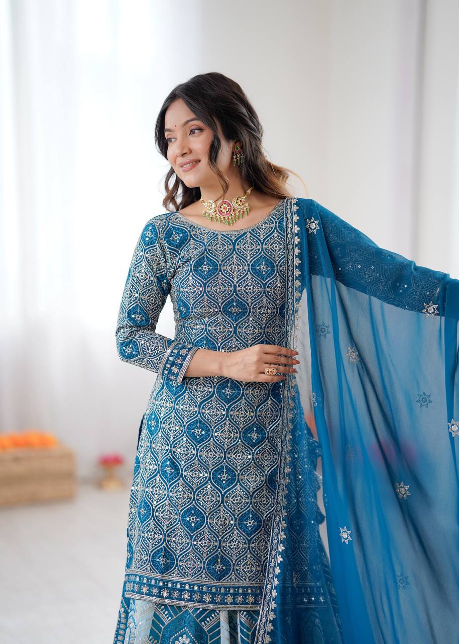Women's Faux Georgette Embroidered Lehenga Set with Top and Dupatta