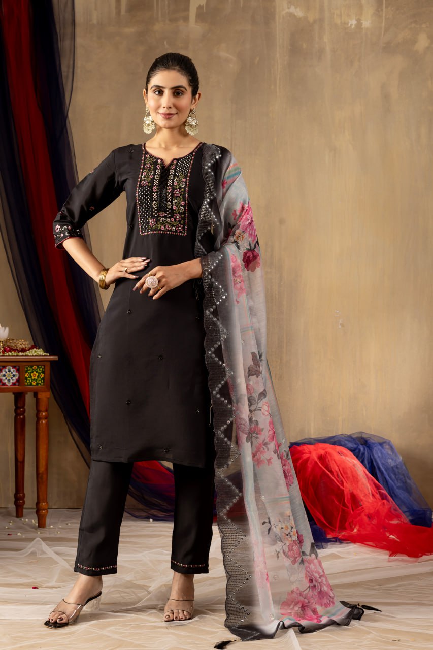 Roman Silk Straight Kurti Pant Dupatta Set with Multi Embroidery Hand Work