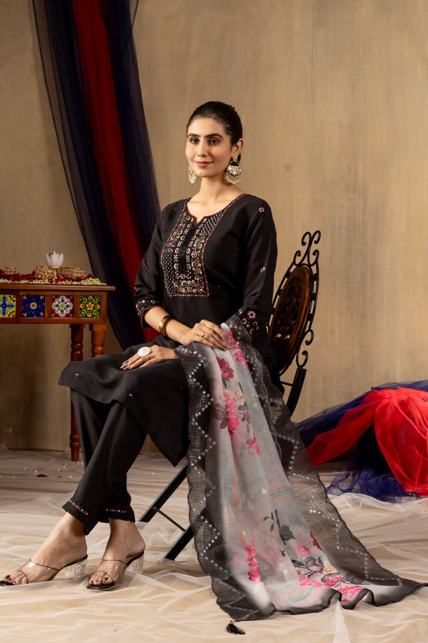 Roman Silk Straight Kurti Pant Dupatta Set with Multi Embroidery Hand Work