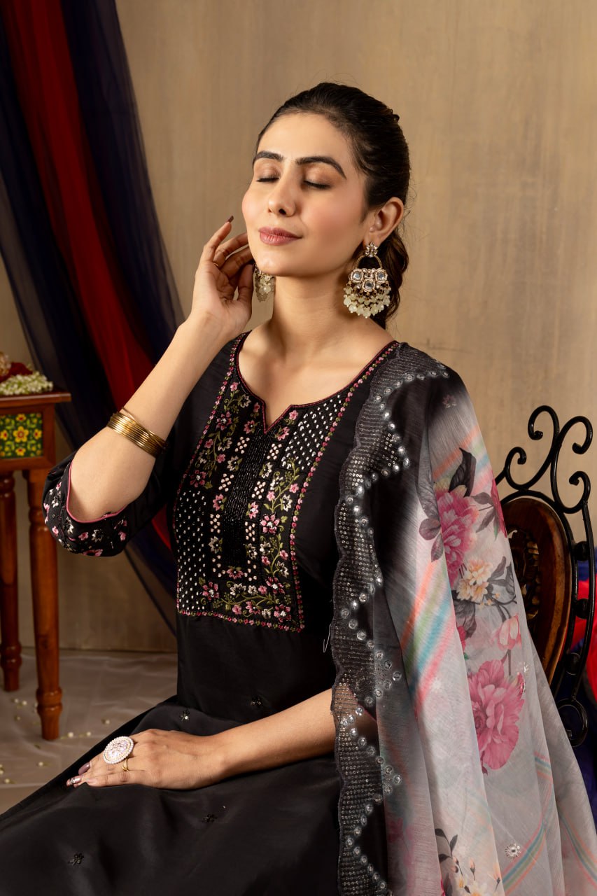 Roman Silk Straight Kurti Pant Dupatta Set with Multi Embroidery Hand Work