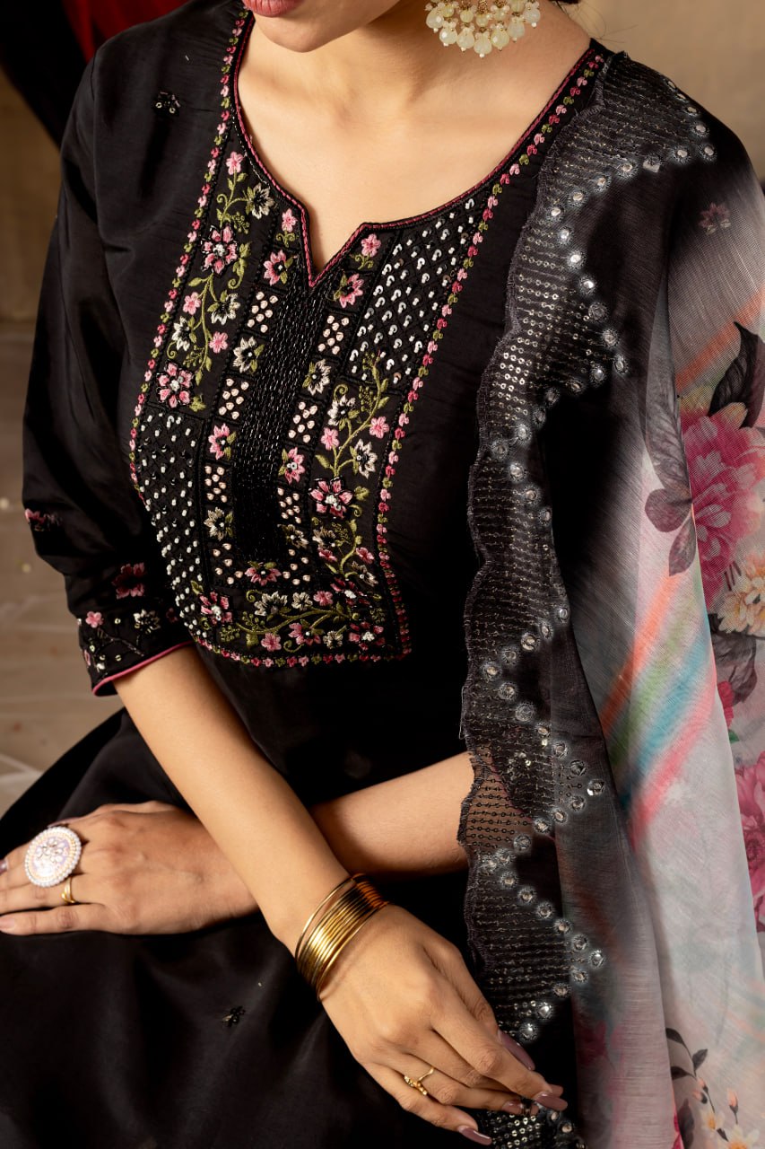 Roman Silk Straight Kurti Pant Dupatta Set with Multi Embroidery Hand Work