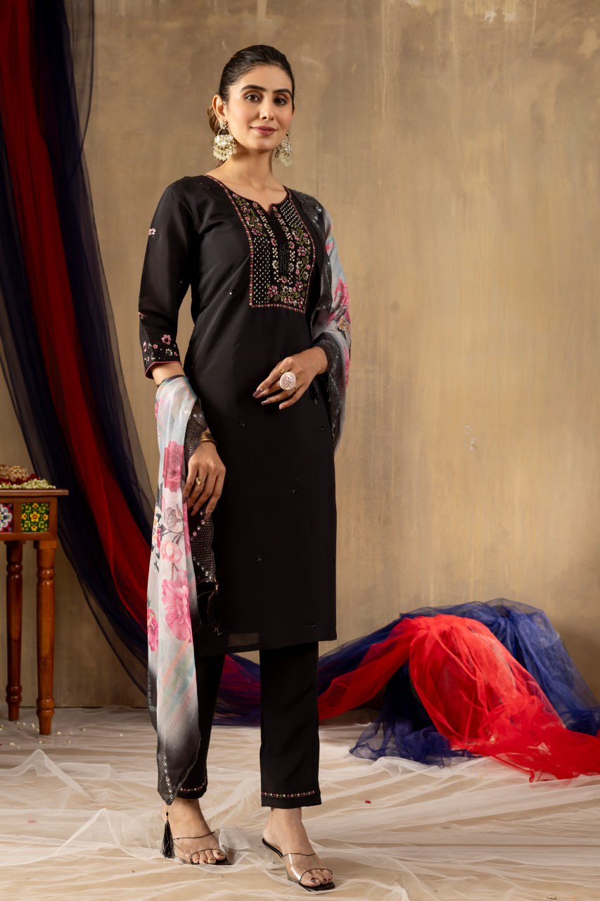 Roman Silk Straight Kurti Pant Dupatta Set with Multi Embroidery Hand Work