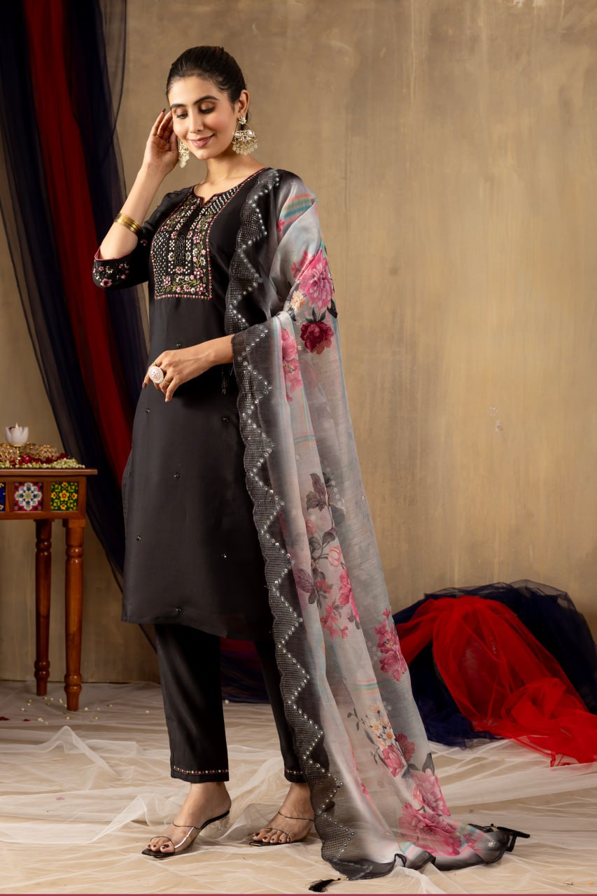 Roman Silk Straight Kurti Pant Dupatta Set with Multi Embroidery Hand Work