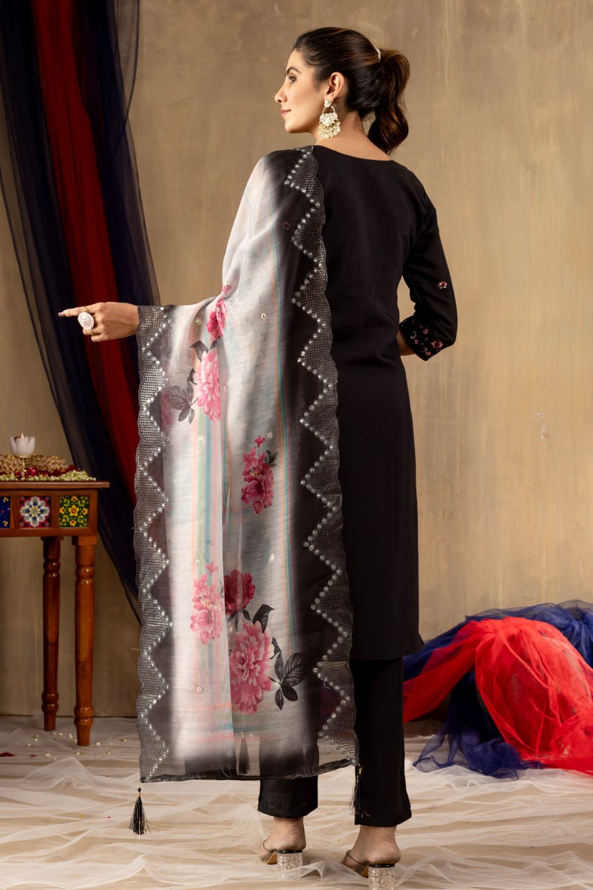 Roman Silk Straight Kurti Pant Dupatta Set with Multi Embroidery Hand Work