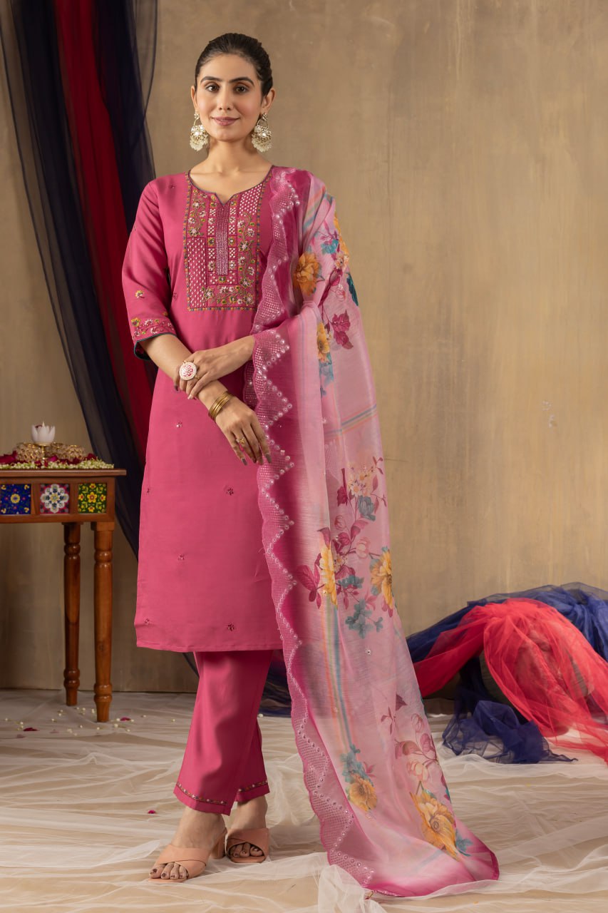Roman Silk Straight Kurti Pant Dupatta Set with Multi Embroidery Hand Work