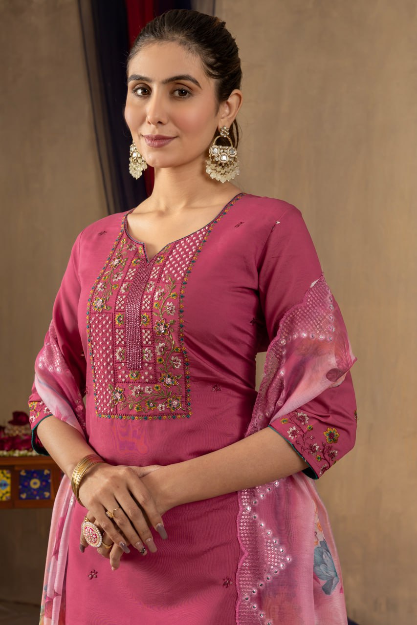 Roman Silk Straight Kurti Pant Dupatta Set with Multi Embroidery Hand Work