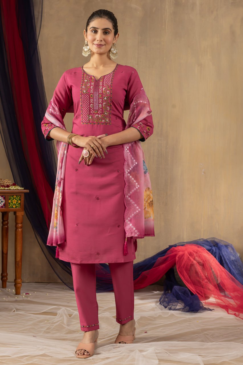 Roman Silk Straight Kurti Pant Dupatta Set with Multi Embroidery Hand Work