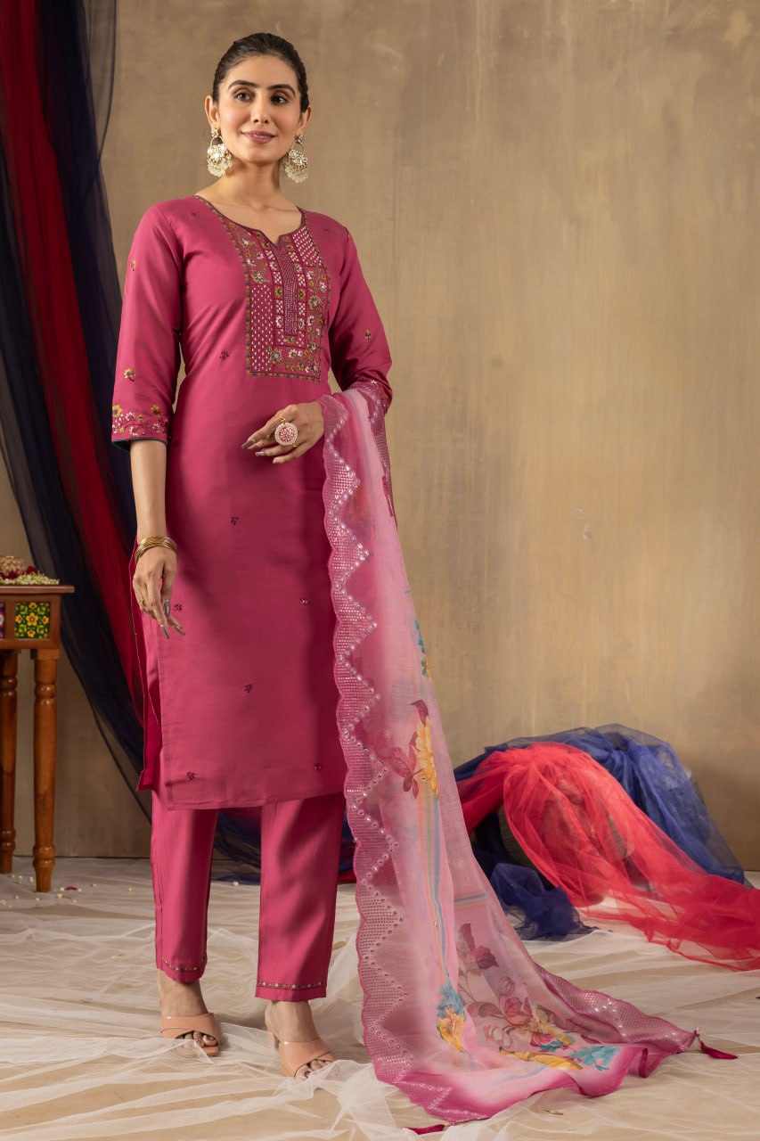 Roman Silk Straight Kurti Pant Dupatta Set with Multi Embroidery Hand Work