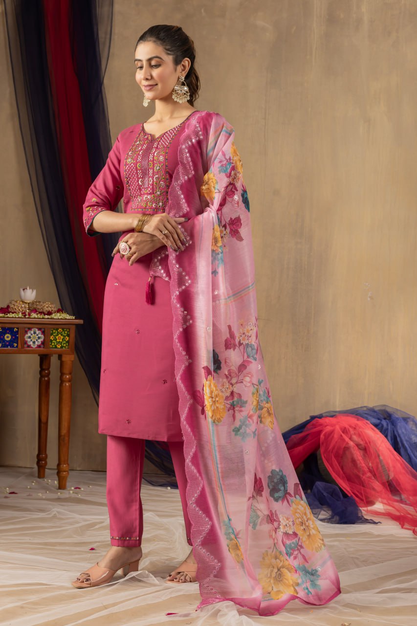Roman Silk Straight Kurti Pant Dupatta Set with Multi Embroidery Hand Work