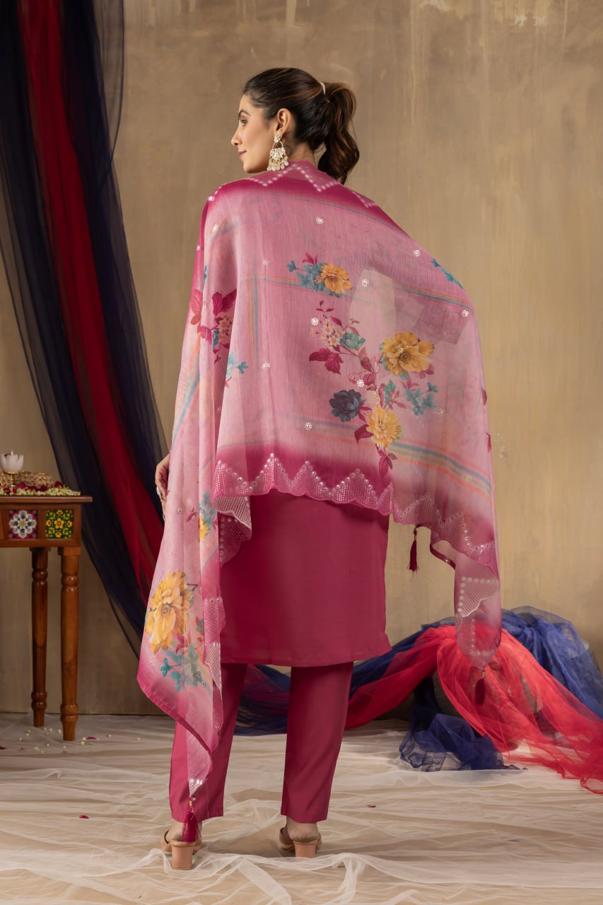 Roman Silk Straight Kurti Pant Dupatta Set with Multi Embroidery Hand Work