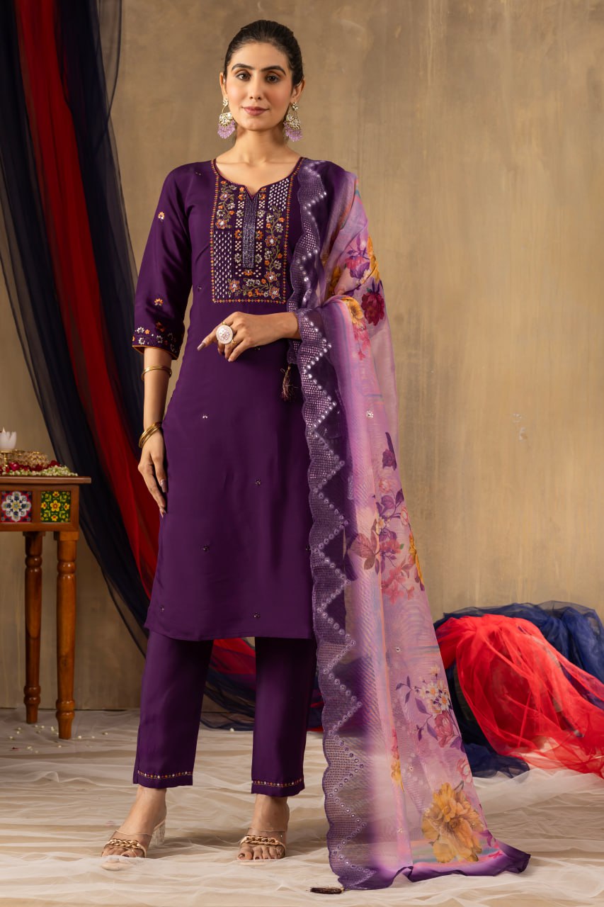 Roman Silk Straight Kurti Pant Dupatta Set with Multi Embroidery Hand Work