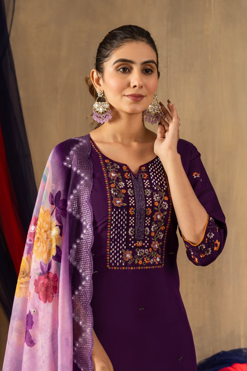 Roman Silk Straight Kurti Pant Dupatta Set with Multi Embroidery Hand Work