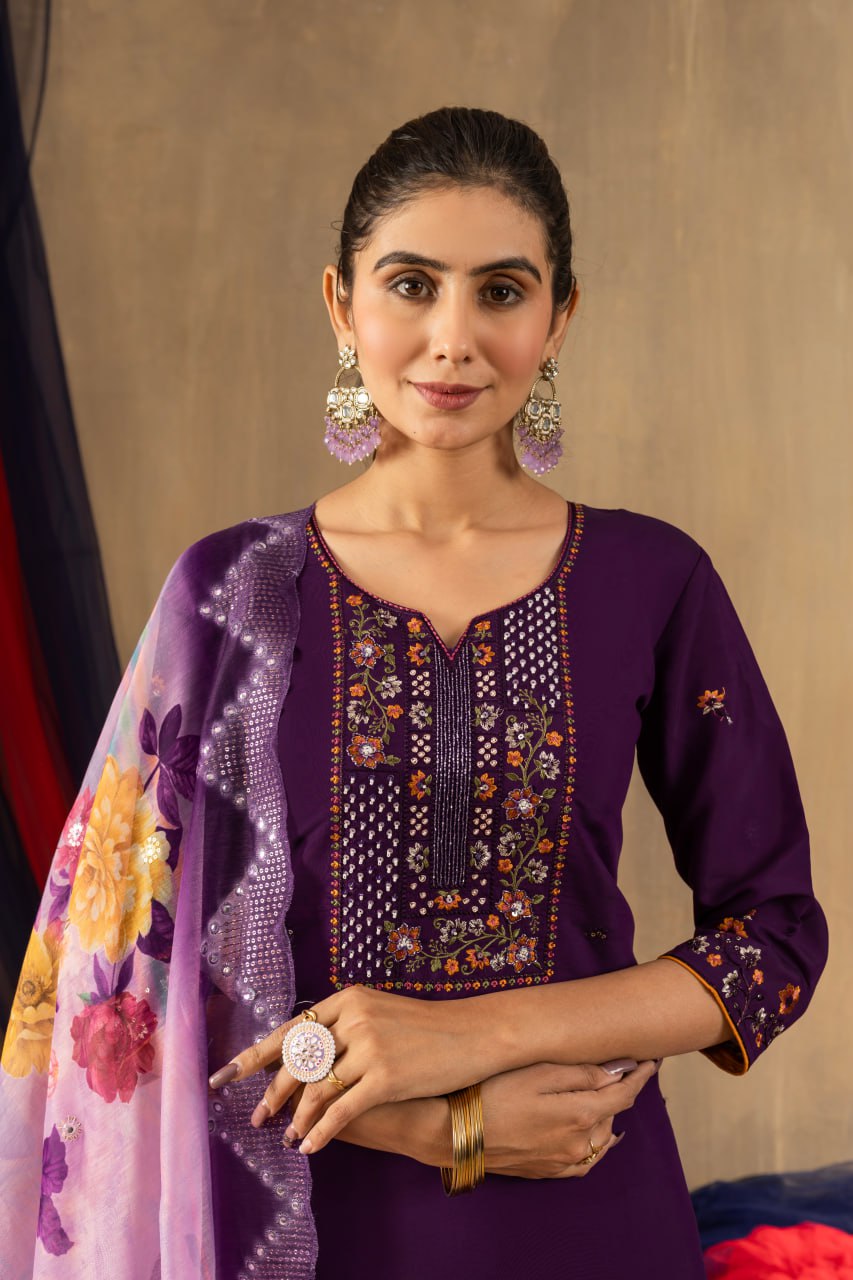 Roman Silk Straight Kurti Pant Dupatta Set with Multi Embroidery Hand Work
