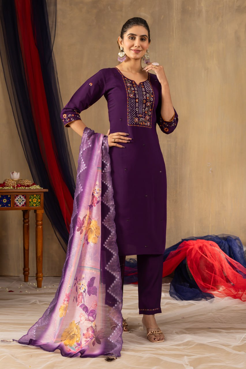 Roman Silk Straight Kurti Pant Dupatta Set with Multi Embroidery Hand Work
