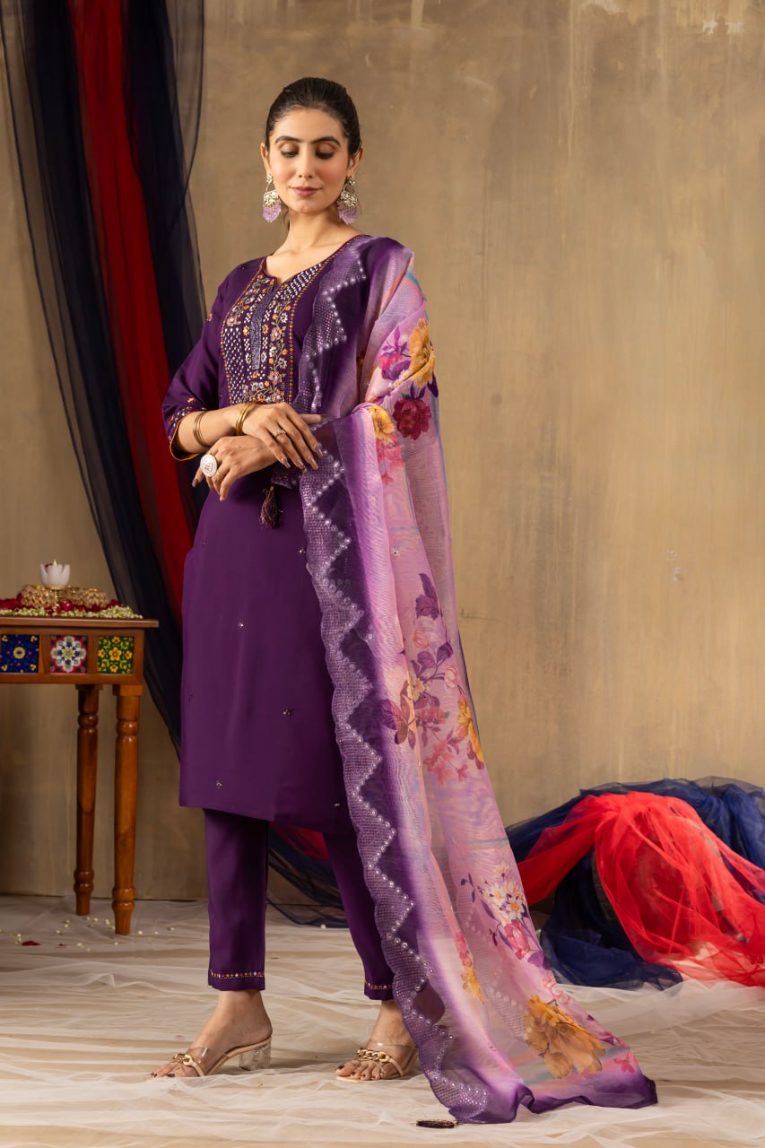 Roman Silk Straight Kurti Pant Dupatta Set with Multi Embroidery Hand Work