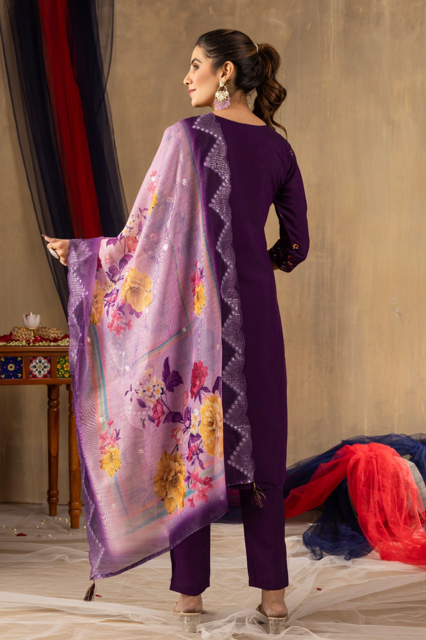 Roman Silk Straight Kurti Pant Dupatta Set with Multi Embroidery Hand Work