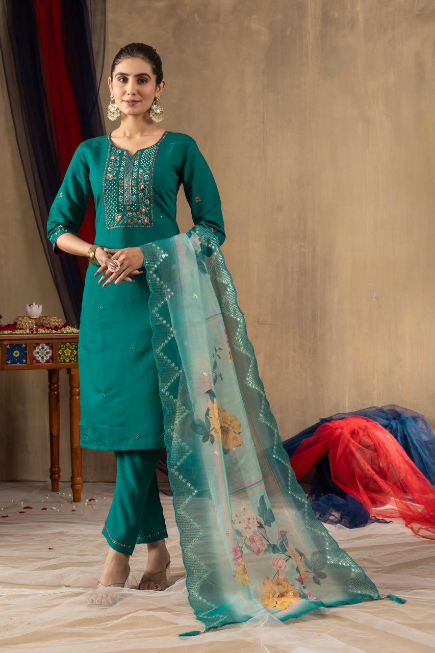Roman Silk Straight Kurti Pant Dupatta Set with Multi Embroidery Hand Work