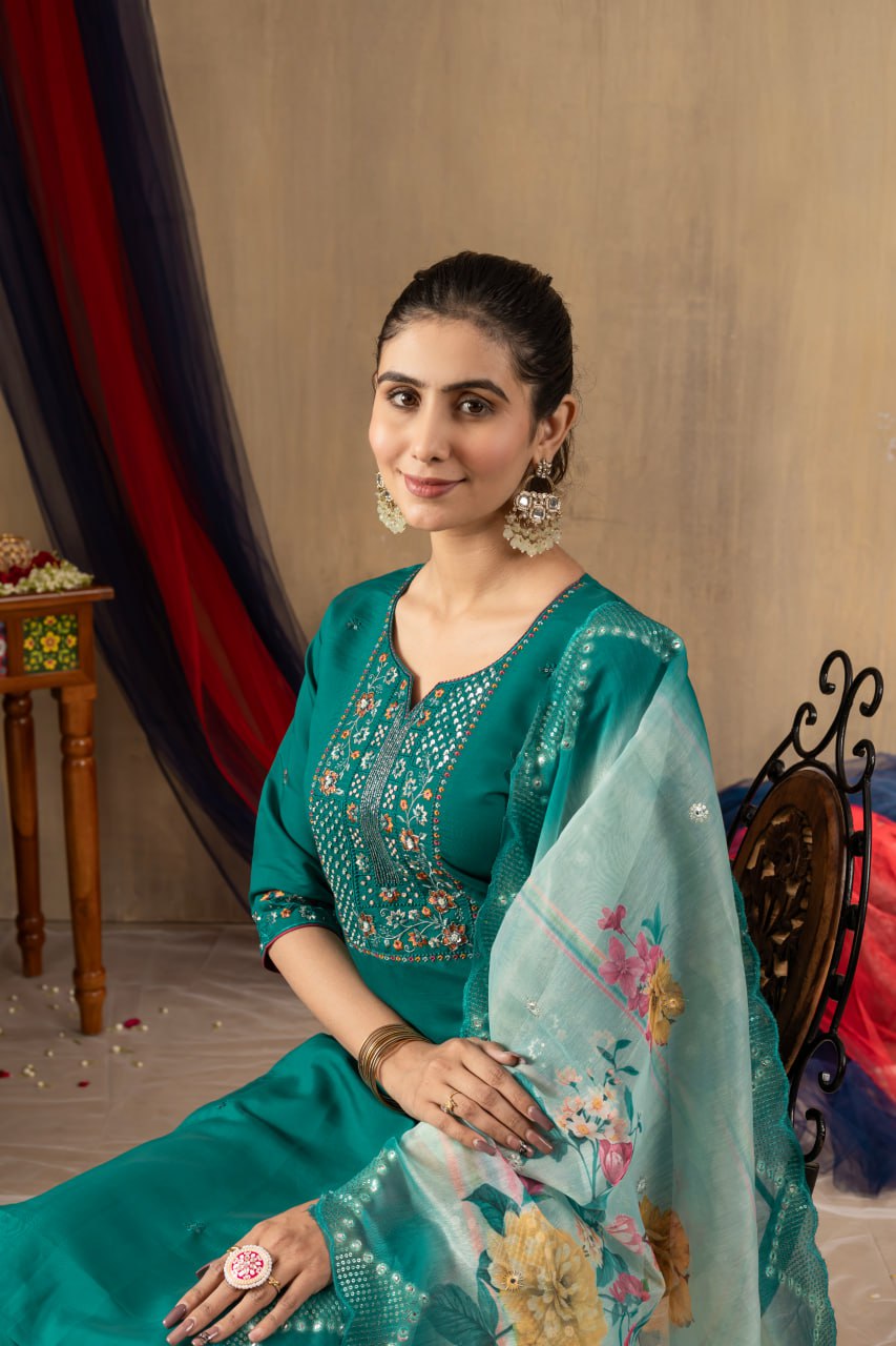 Roman Silk Straight Kurti Pant Dupatta Set with Multi Embroidery Hand Work