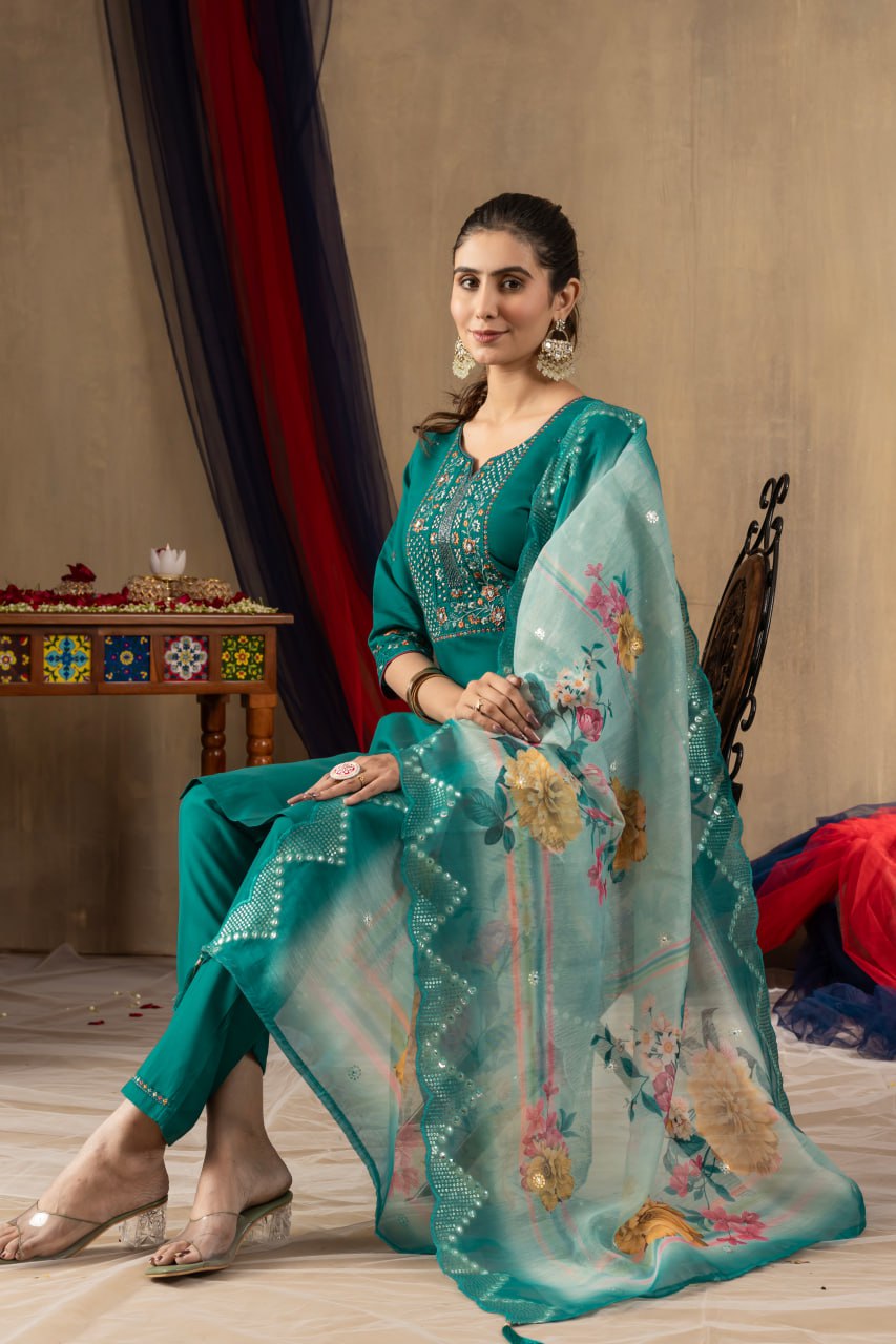 Roman Silk Straight Kurti Pant Dupatta Set with Multi Embroidery Hand Work