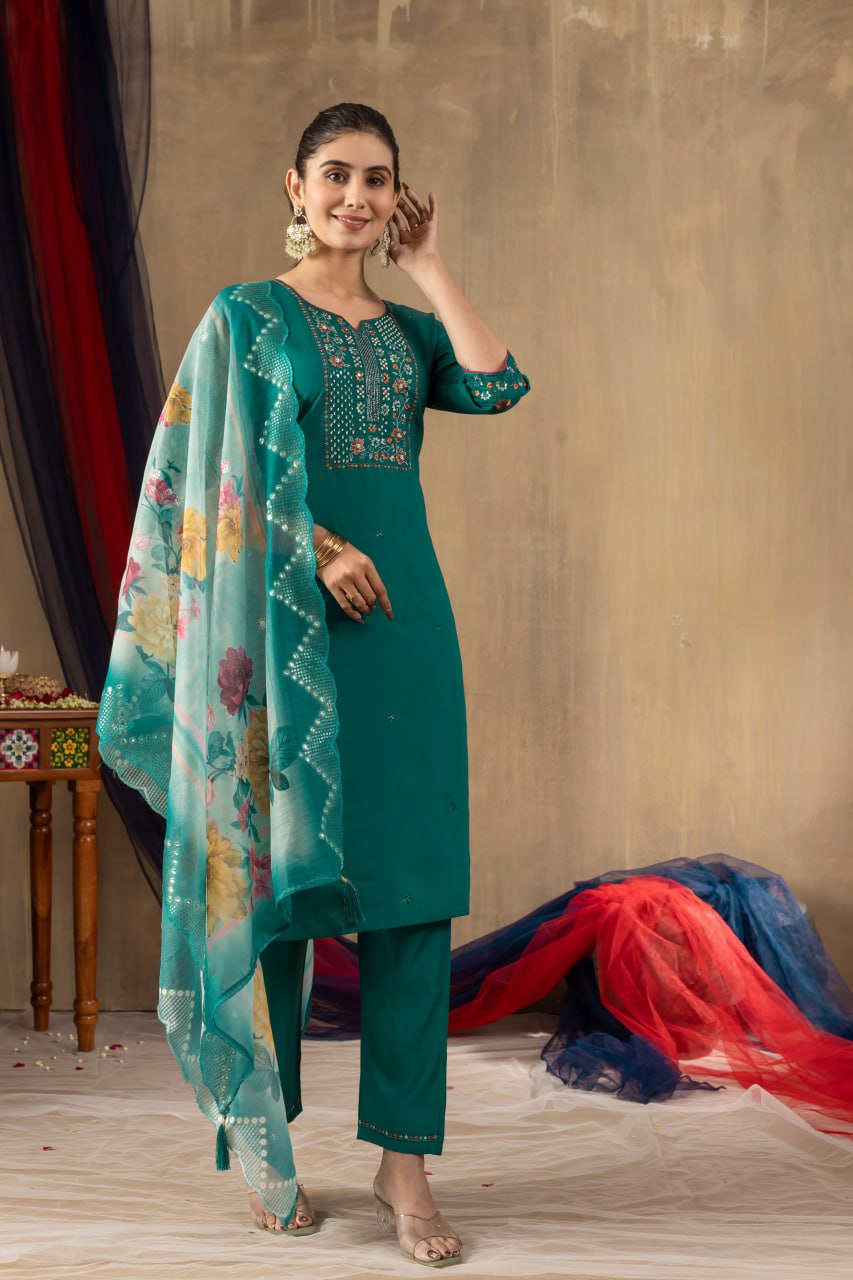 Roman Silk Straight Kurti Pant Dupatta Set with Multi Embroidery Hand Work