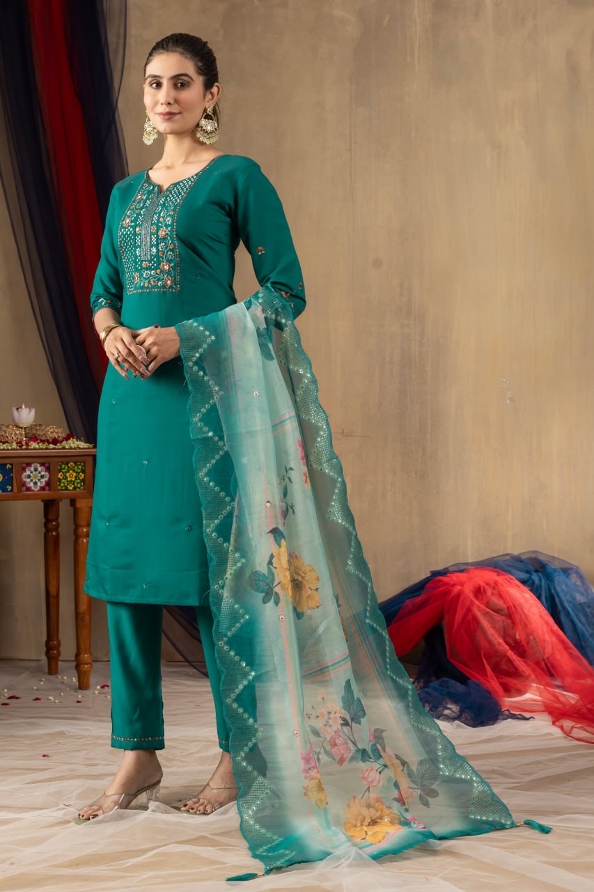 Roman Silk Straight Kurti Pant Dupatta Set with Multi Embroidery Hand Work