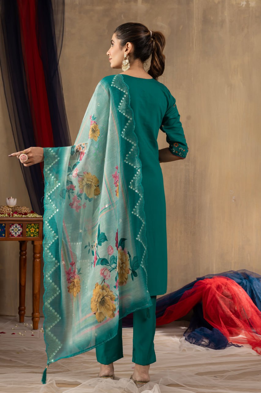 Roman Silk Straight Kurti Pant Dupatta Set with Multi Embroidery Hand Work