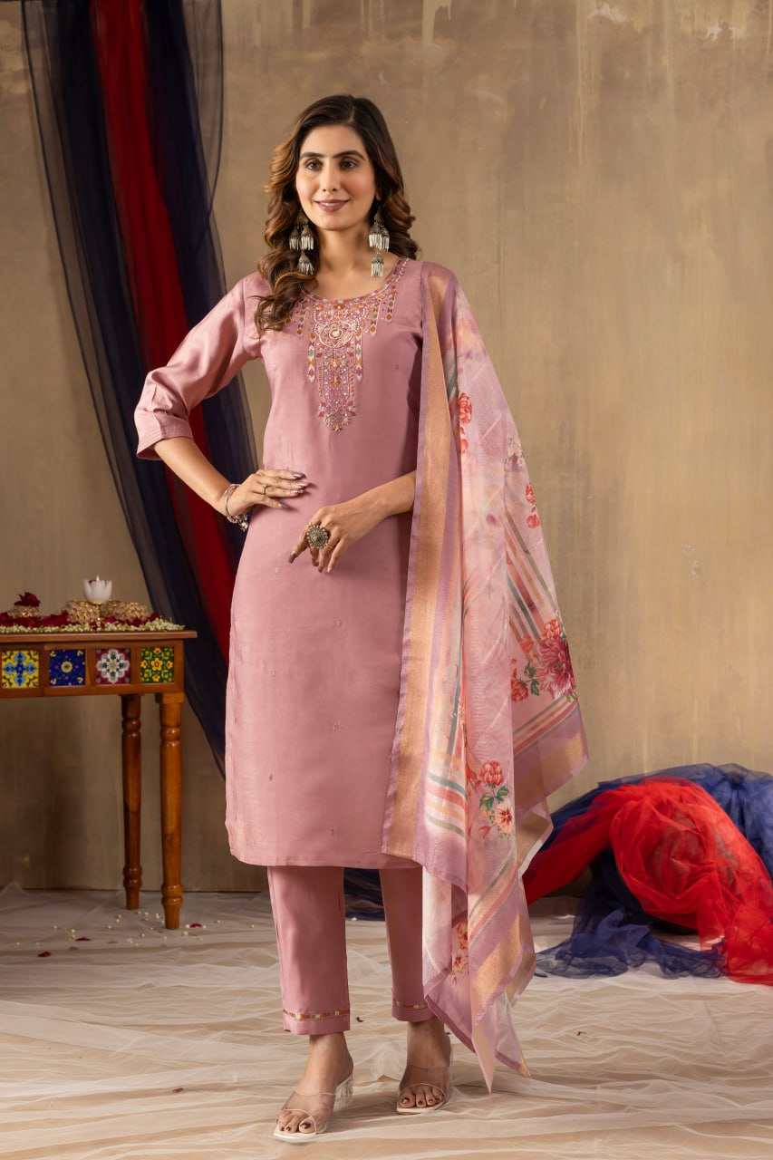 Women's Shimmer Gold Silk Straight Kurti Pant Dupatta Set with Multi Embroidery Hand Work