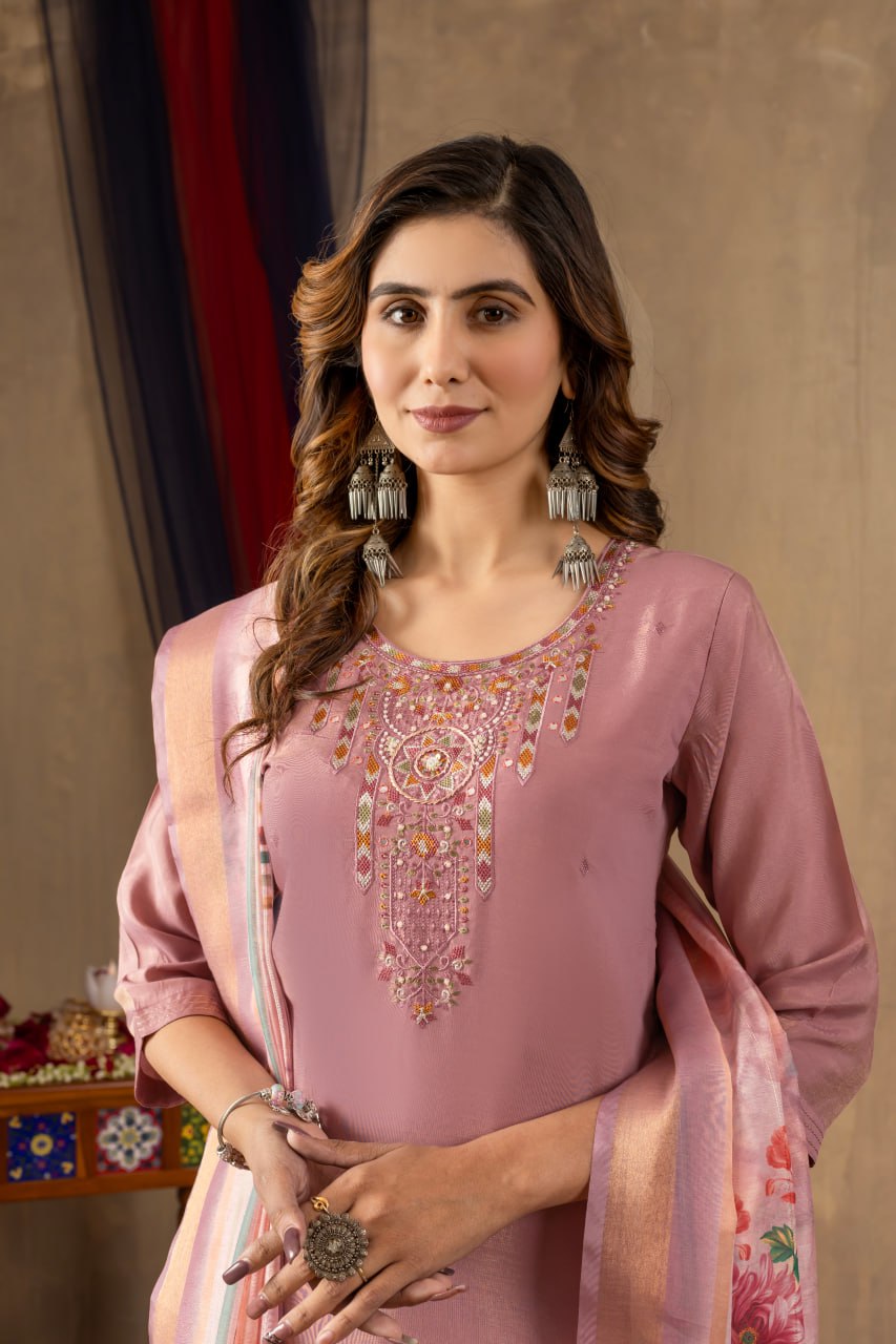 Women's Shimmer Gold Silk Straight Kurti Pant Dupatta Set with Multi Embroidery Hand Work