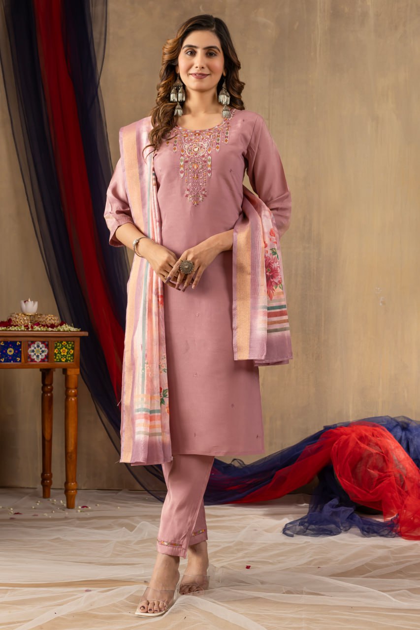 Women's Shimmer Gold Silk Straight Kurti Pant Dupatta Set with Multi Embroidery Hand Work